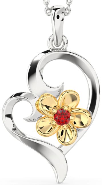Ruby Gold Silver Heart Flower Necklace
