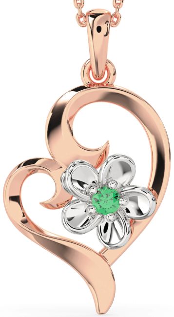 Emerald Rose Gold Silver Heart Flower Necklace