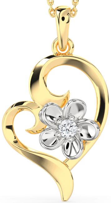 Diamond White Yellow Gold Heart Flower Necklace