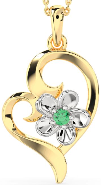 Emerald Gold Silver Heart Flower Necklace