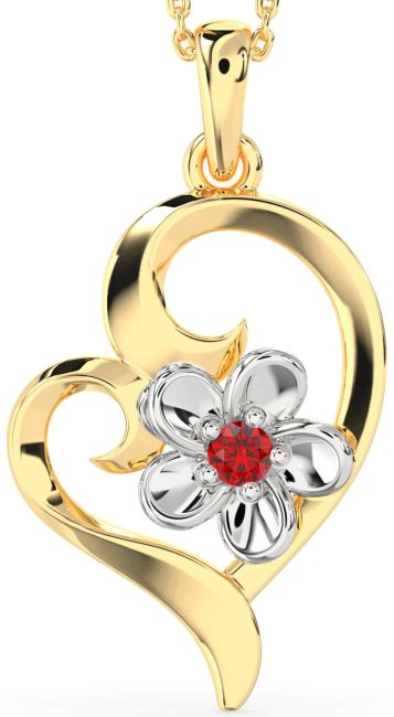 Ruby Gold Silver Heart Flower Necklace