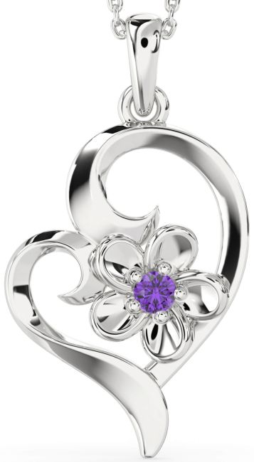 Amethyst Silver Heart Flower Necklace