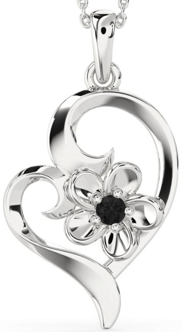Black Diamond Silver Heart Flower Necklace