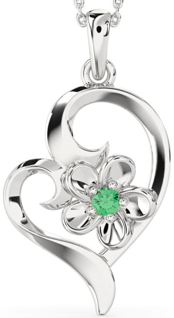 Emerald Silver Heart Flower Necklace
