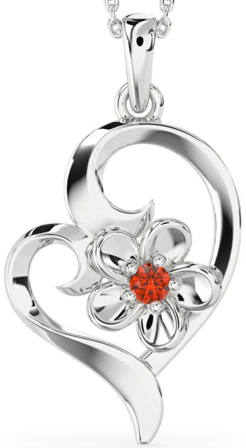 Fire Opal Platinum Heart Flower Necklace