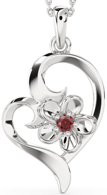 Garnet Silver Heart Flower Necklace