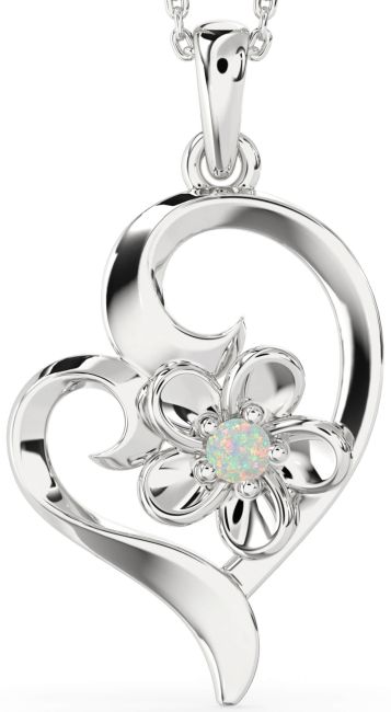 Opal Silver Heart Flower Necklace
