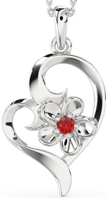 Ruby Silver Heart Flower Necklace