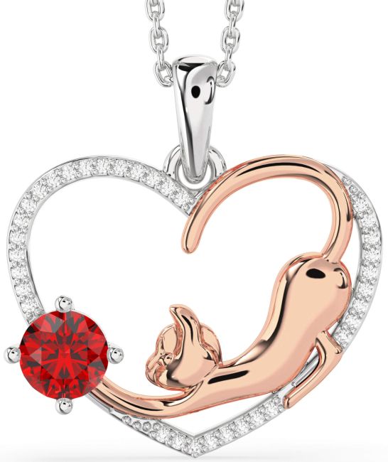 Large Diamond Ruby Rose Gold Silver Heart Cat Necklace