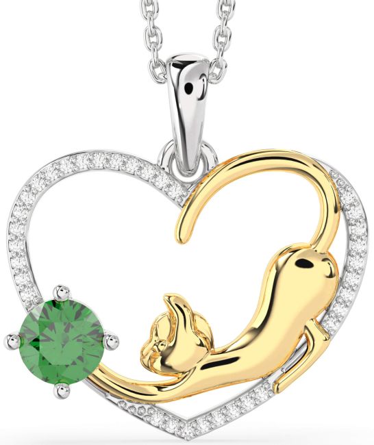 Large Diamond Emerald Gold Silver Heart Cat Necklace