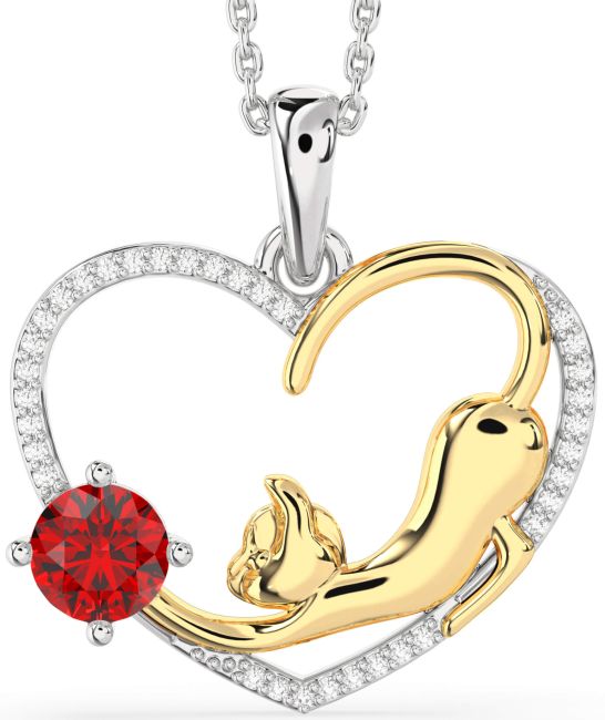 Large Diamond Ruby Gold Silver Heart Cat Necklace
