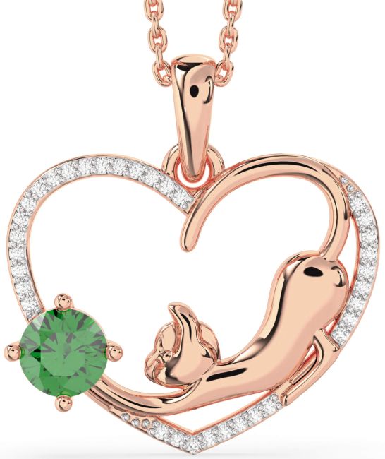 Large Diamond Emerald Rose Gold Heart Cat Necklace