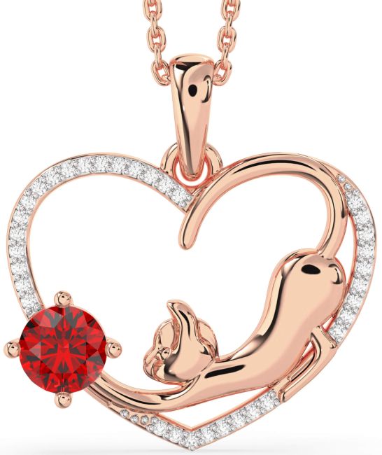 Large Diamond Ruby Rose Gold Heart Cat Necklace