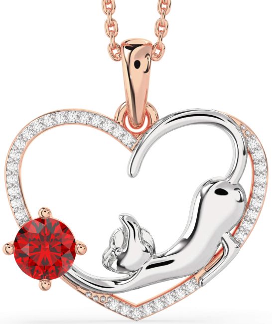 Large Diamond Ruby Rose Gold Silver Heart Cat Necklace