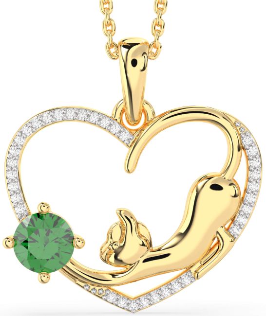 Large Diamond Emerald Gold Heart Cat Necklace