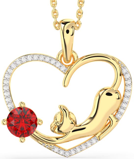 Large Diamond Ruby Gold Silver Heart Cat Necklace