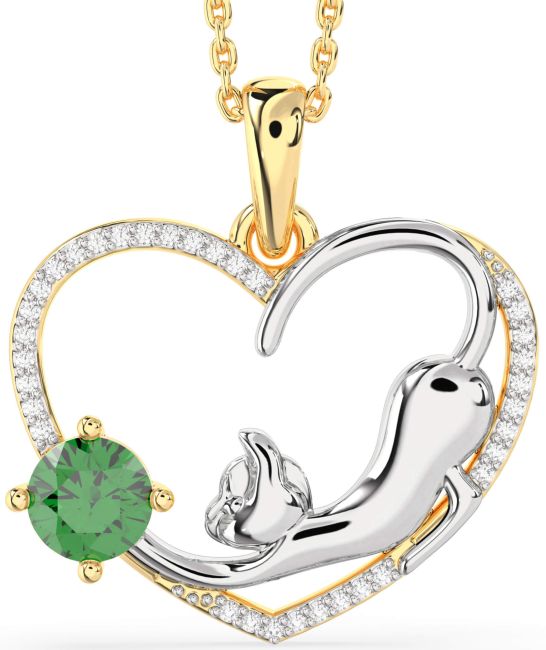 Large Diamond Emerald Gold Silver Heart Cat Necklace