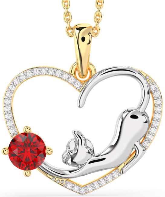 Large Diamond Ruby Gold Silver Heart Cat Necklace