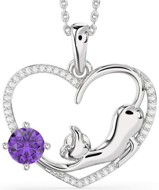 Large Diamond Amethyst Silver Heart Cat Necklace
