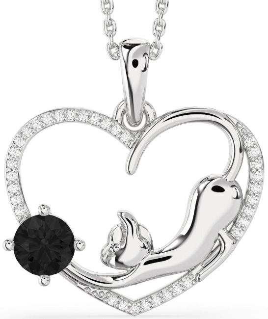 Large Black Diamond Silver Heart Cat Necklace