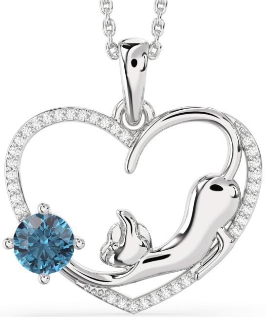 Large Blue Diamond Silver Heart Cat Necklace
