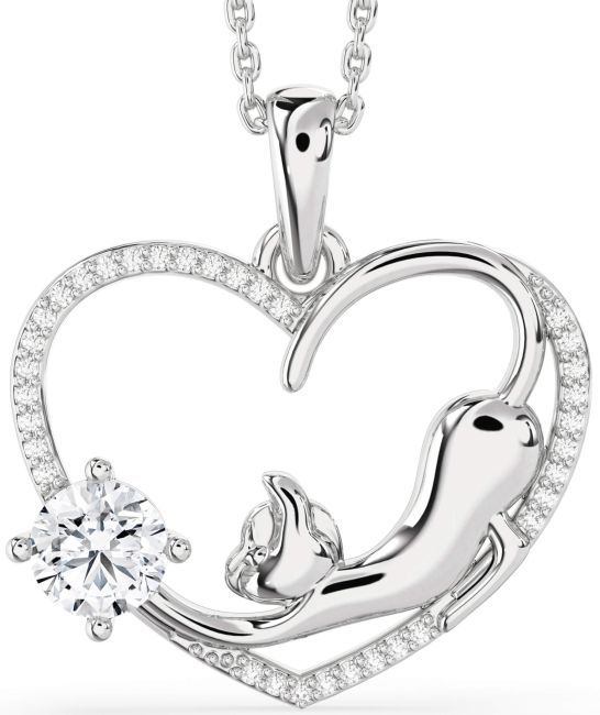 Large Diamond Silver Heart Cat Necklace
