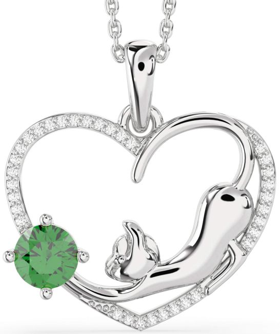 Large Diamond Emerald Silver Heart Cat Necklace
