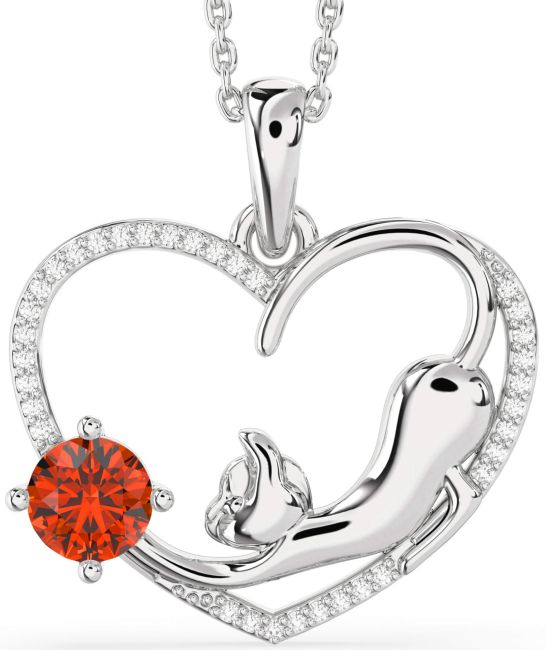 Large Diamond Fire Opal Silver Heart Cat Necklace