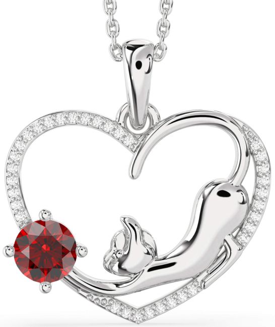 Large Diamond Garnet Silver Heart Cat Necklace
