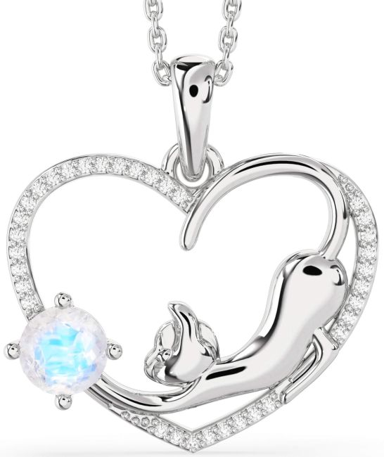Large Diamond Moonstone Silver Heart Cat Necklace