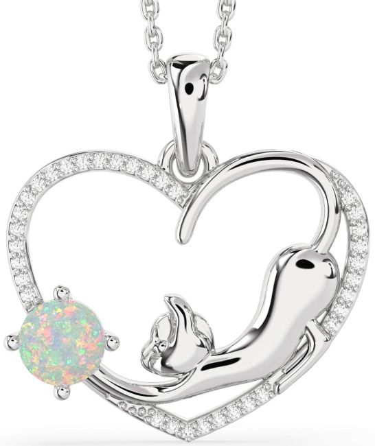 Large Diamond Opal Silver Heart Cat Necklace