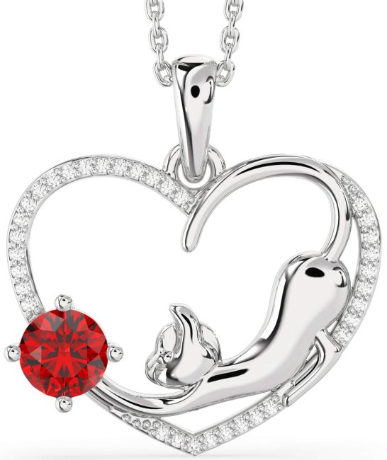 Large Diamond Ruby Silver Heart Cat Necklace