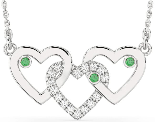 Large Diamond Emerald Silver Heart Birthstone Necklace