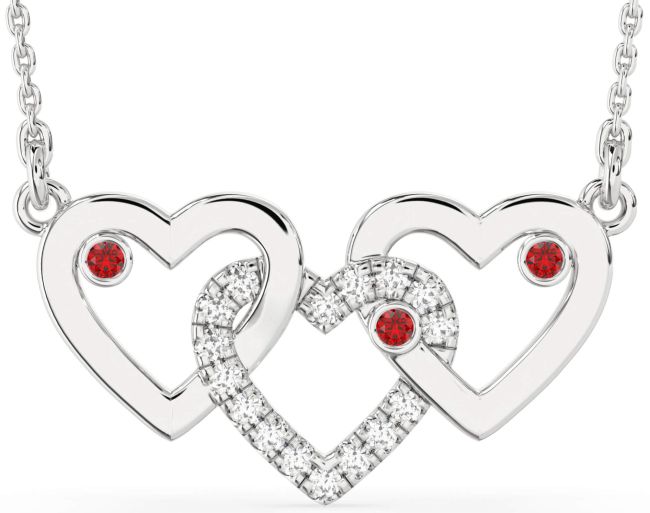Large Diamond Ruby Silver Heart Birthstone Necklace