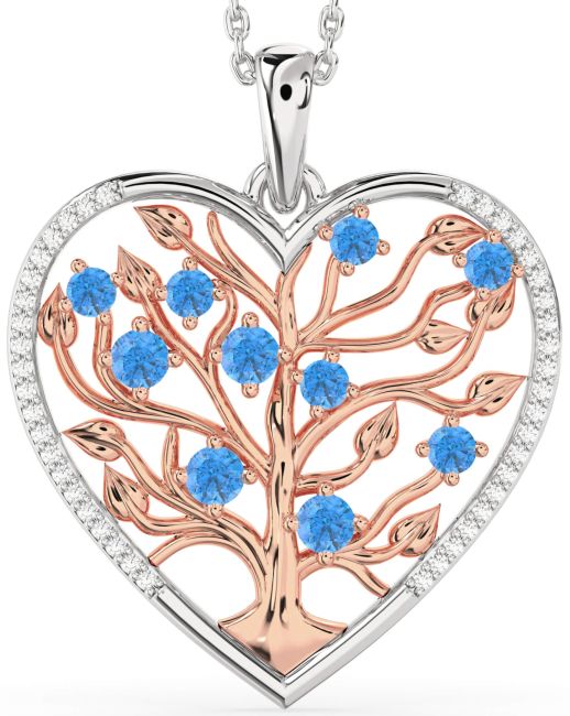 Large Diamond & Swiss Blue Topaz White Rose Gold Heart Tree Of Life Necklace