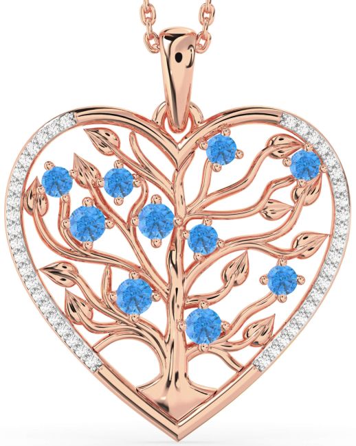 Large Diamond & Swiss Blue Topaz Rose Gold Silver Heart Tree Of Life Necklace