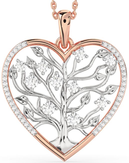 Large Diamond White Rose Gold Heart Tree Of Life Necklace