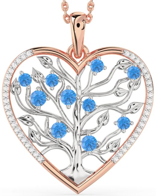 Large Diamond & Swiss Blue Topaz Rose Gold Silver Heart Tree Of Life Necklace