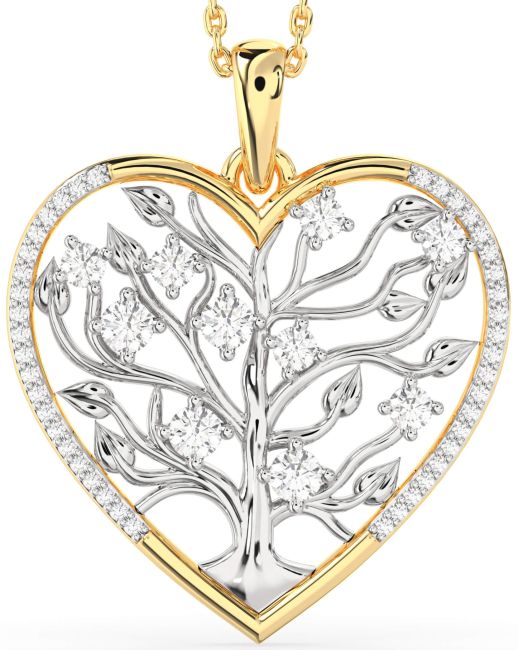 Large Diamond Platinum & Yellow Gold Heart Tree Of Life Necklace