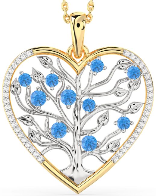 Large Diamond & Swiss Blue Topaz Gold Silver Heart Tree Of Life Necklace