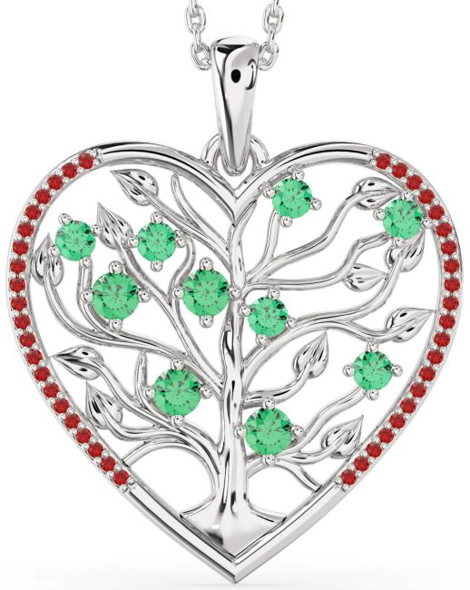 Large Emerald & Ruby Silver Heart Tree Of Life Necklace