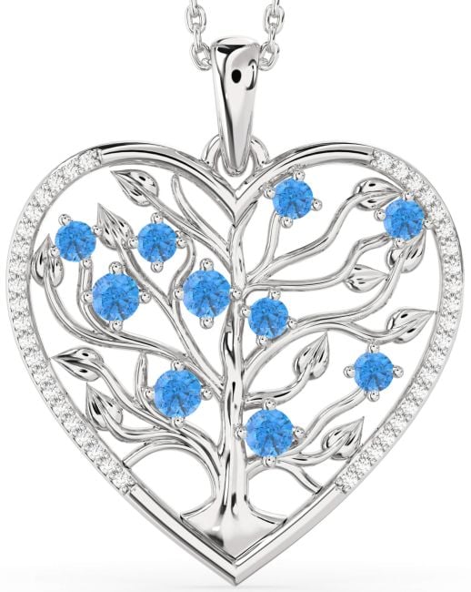 Large Diamond & Swiss Blue Topaz Platinum Heart Tree Of Life Necklace