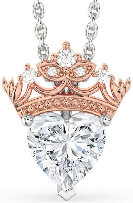 Diamond Silver & 10K Rose Gold Heart Crown Necklace