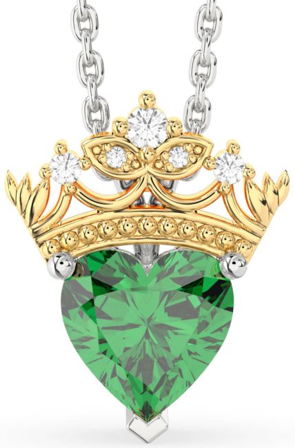 Diamond Emerald Gold Silver Heart Crown Necklace