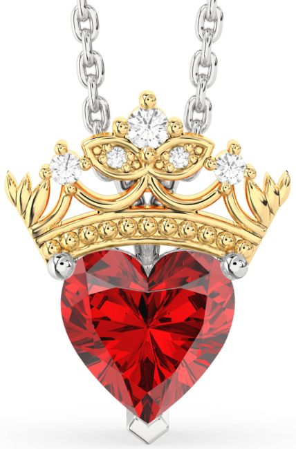 Diamond Ruby Gold Silver Heart Crown Necklace