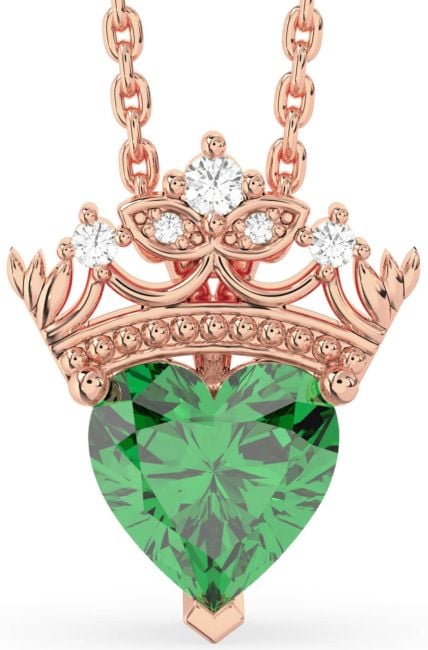 Diamond Emerald Rose Gold Heart Crown Necklace