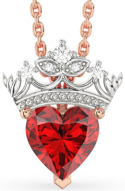 Diamond Ruby Rose Gold Silver Heart Crown Necklace