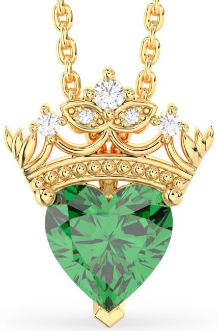 Diamond Emerald Gold Heart Crown Necklace
