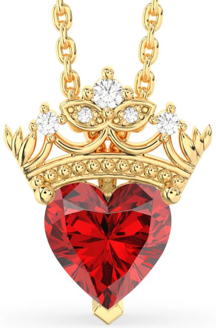 Diamond Ruby Gold Heart Crown Necklace
