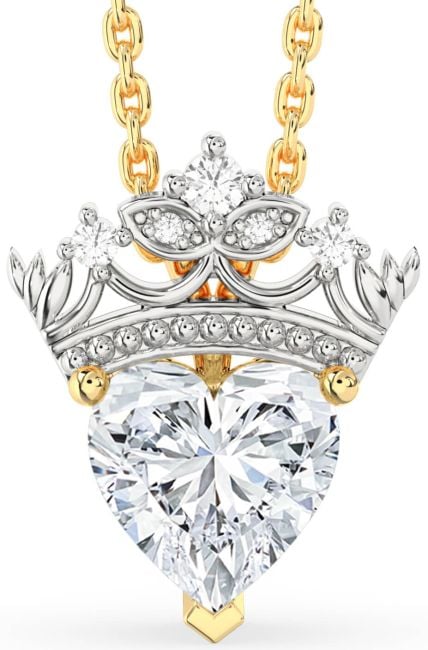 Diamond White Yellow Gold Heart Crown Necklace